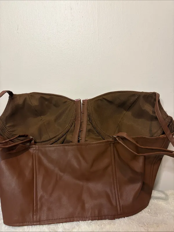 Windsor Dark Brown Faux Leather Crop Corset Tank Front Clasp Closure Size L - Image 5
