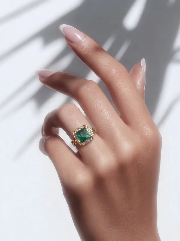 Women’s Stainless Steel Golden w/ Faux Emerald Ring Size 7 - Image 2