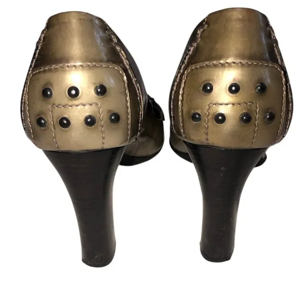 Vintage Tods Bronze Green Metallic Leather Block Heel Loafers 37.5 Y2K 90s - Image 4