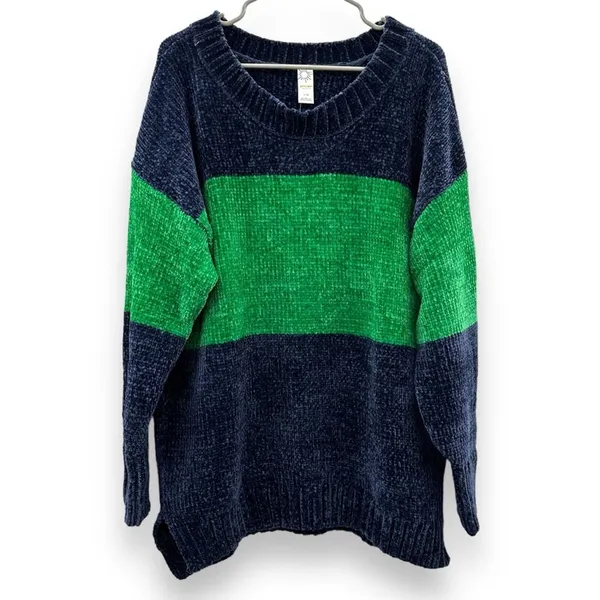 Offline by aerie Navy Blue & Green Long Sleeve Crewneck Chenille‎ Sweater Sz L - Image 3