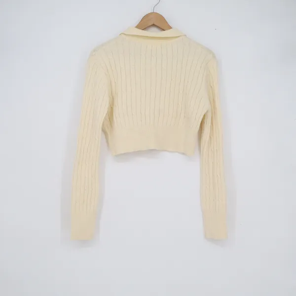 uni+e Cream Cable Knit Cropped Polo Sweater Long Sleeve Cotton Blend Korea - Image 4