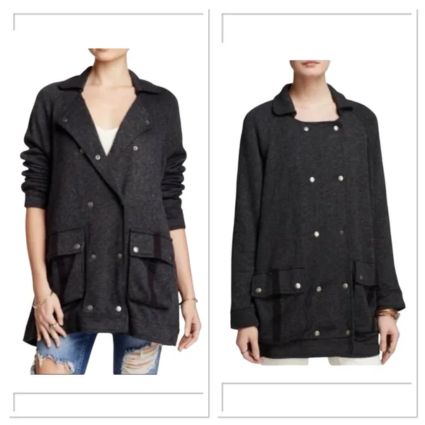 Free People Jacket Womens Size XS Dark‎ Gray Slouchy Pea Coat Anorak Linen Blend - Image 2
