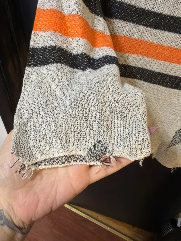 POL Cream Distressed Knit Pullover with Orange & Black Sleeve Stripes - Image 3