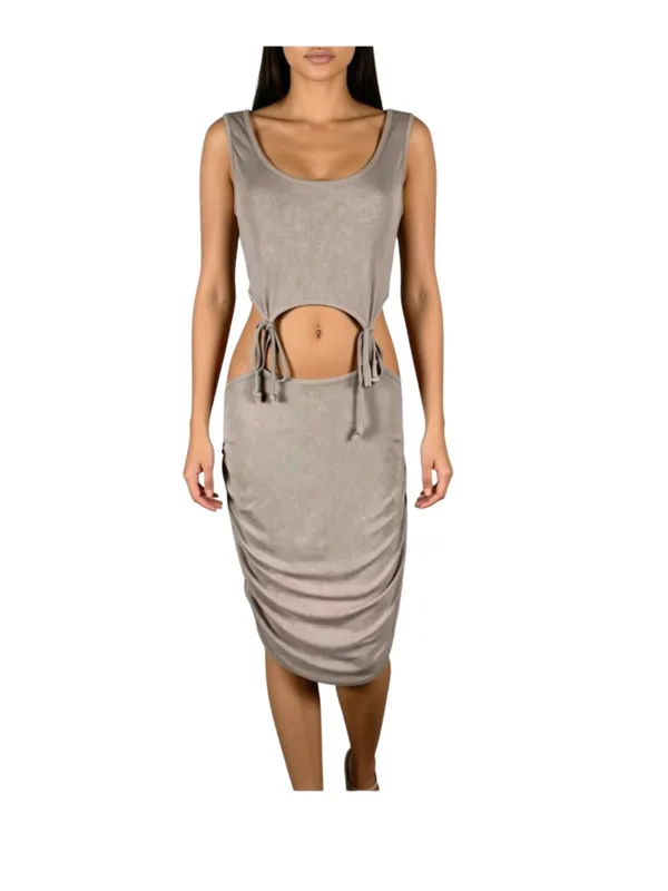 Taupe Cut Out Waist Midi Dress Size Large - Image 7