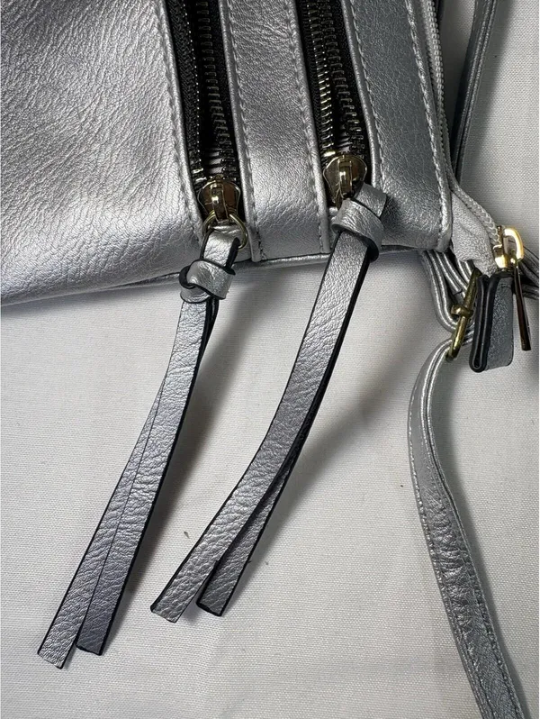 Silver Metallic Crossbody Bag Adjustable Strap Zipper Accents for Women - Image 5