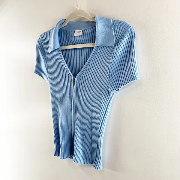 Abercrombie & Fitch Short Sleeve Double Zip Up Collared Polo Sweater Blue Medium - Image 4