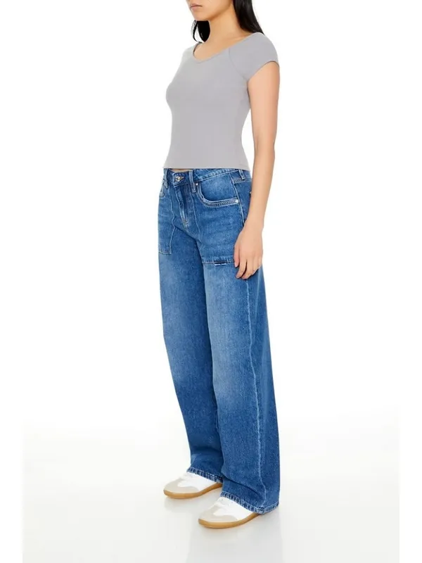 Forever 21 Wide-Leg Blue Carpenter Denim Jeans for Women - Image 3