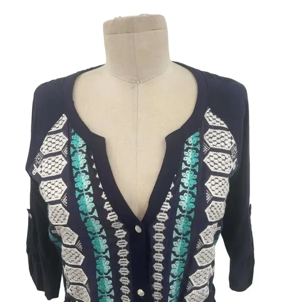 Anthropologie Tiny‎ Nadia Shirt Dress Button Embroidered Navy Blue Teal Size XS - Image 4