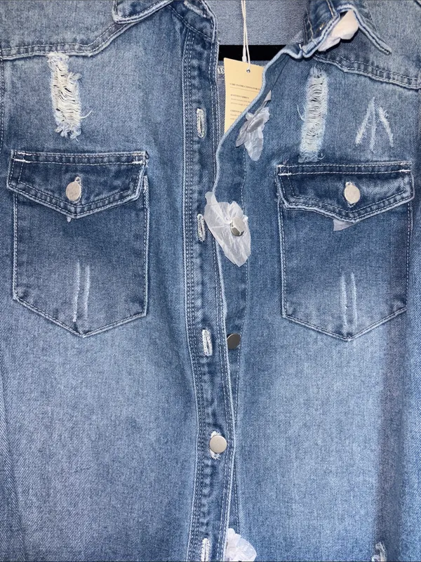 Dokotoo Brand Blue Distressed Denim Button Down Shacket Nwts Size Small - Image 5