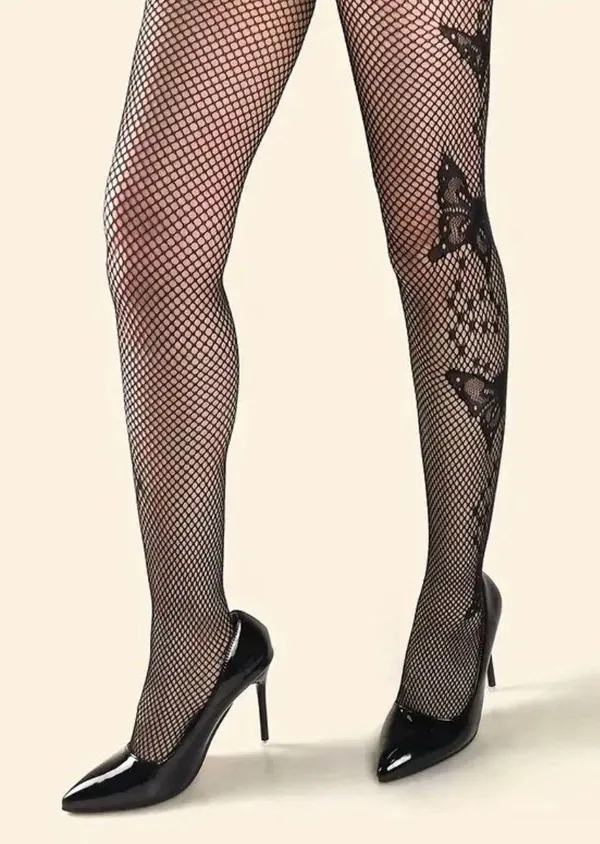 Butterfly Pattern Black Fishnet Tights, Hollow Out See-through Slim Fit Footed Pantyhose, Women's Stockings & Hosiery One Size 80% Polyamide 20% Spandex - Image 8