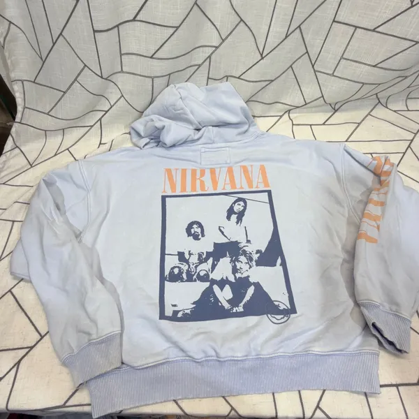 American Eagle Nirvana Hoodie XS Blue‎ Graphic Band Sweatshirt Lived-In - Image 8