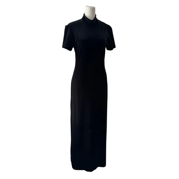 Vintage ‘90s Mica Black Velvet Mock Neck Short Sleeve Bodycon Maxi Dress - Image 5