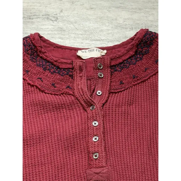 Free People Red Waffle Knit Henley Top Fair Isle Cuffs Boho Apres Size Xs A4006 - Image 3