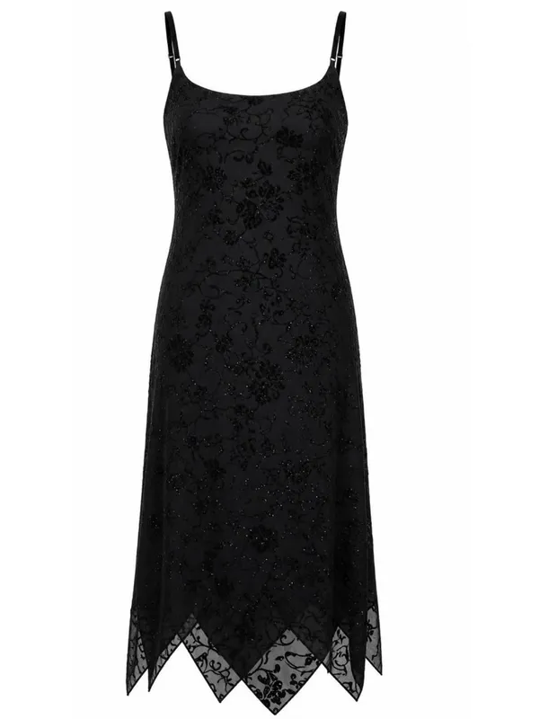 Vtg Black Velvet Burnout Midi Dress Medium Floral handkerchief hem Whimsigoth - Image 2
