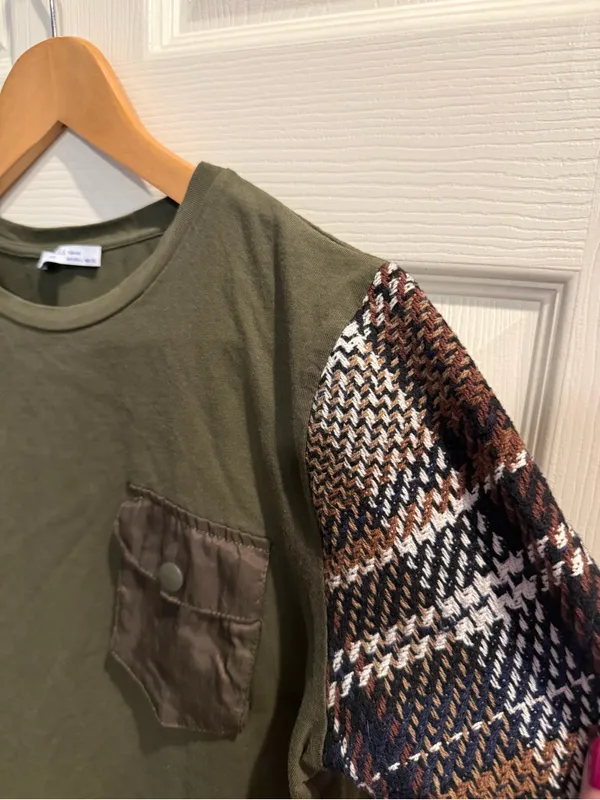 Zara Olive Green Tee with Brown & Navy Plaid Sleeves - Image 4