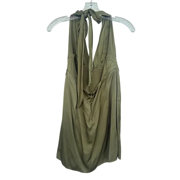 Zara Olive Green Satin Halter Mini Dress Ruched Open Back Cocktail Size Medium - Image 2