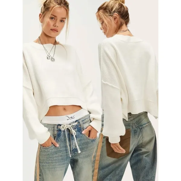 Free People Easy Street Crop Pullover Sweater in White Size Large Preppy Fall - Image 3