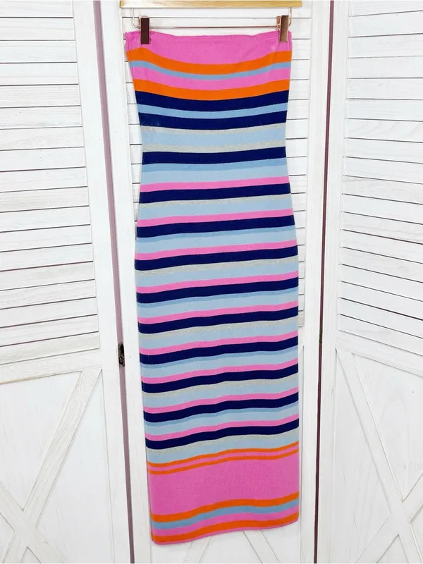Vici Striped Knit Strapless Sheath Bodycon Midi Dress Pink Blue Size Medium - Image 7