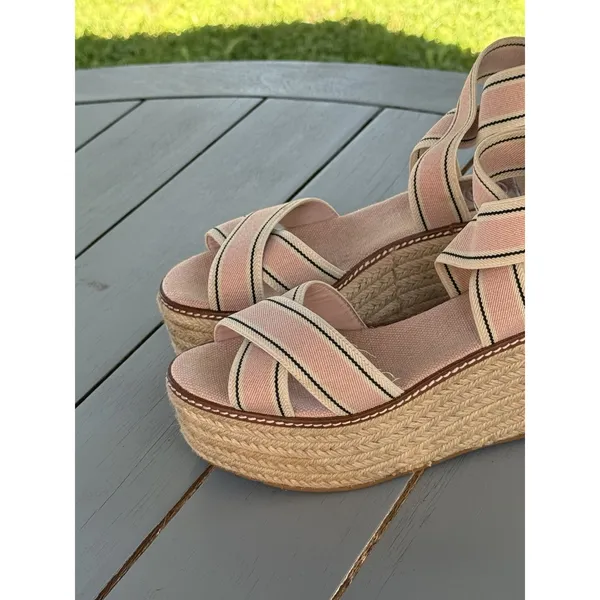 Tory Burch Pink Beige Striped Strappy Wedge Platform Slip-On Sandals Size 7M - Image 9