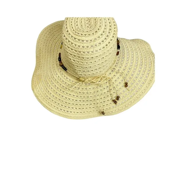 STRAW BIG RIM HAT W/ BEADS Beige‎ Tan Summer Beach Boho - Image 3