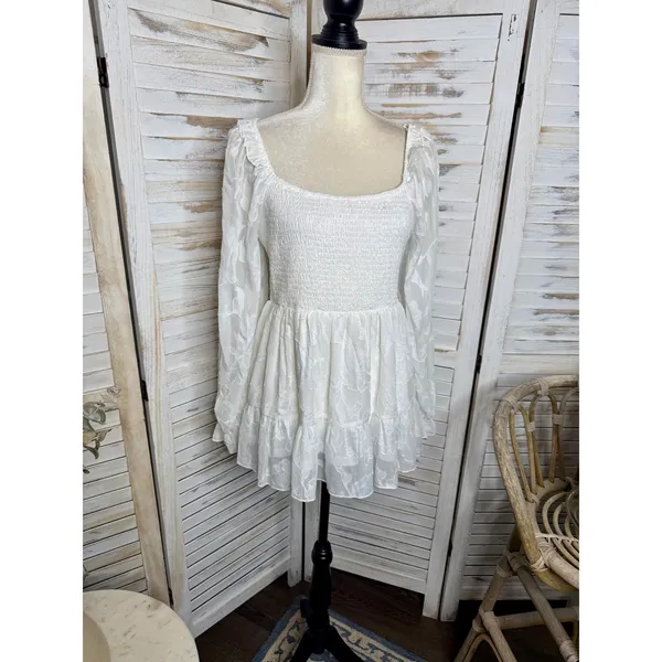 NWT BALTIC BORN Women's Med Ines Smocked Peplum Top White Fairy Romantic - Image 4