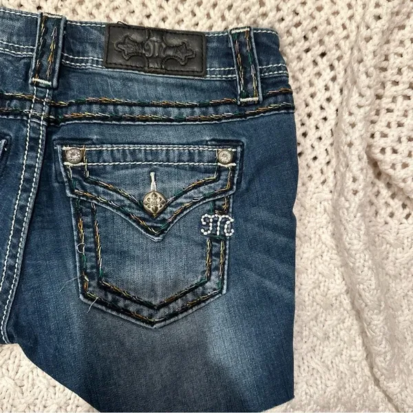 Miss Me Women Cut Off Shorts sz 27 Blue Denim Bling Distressed used to be long - Image 6