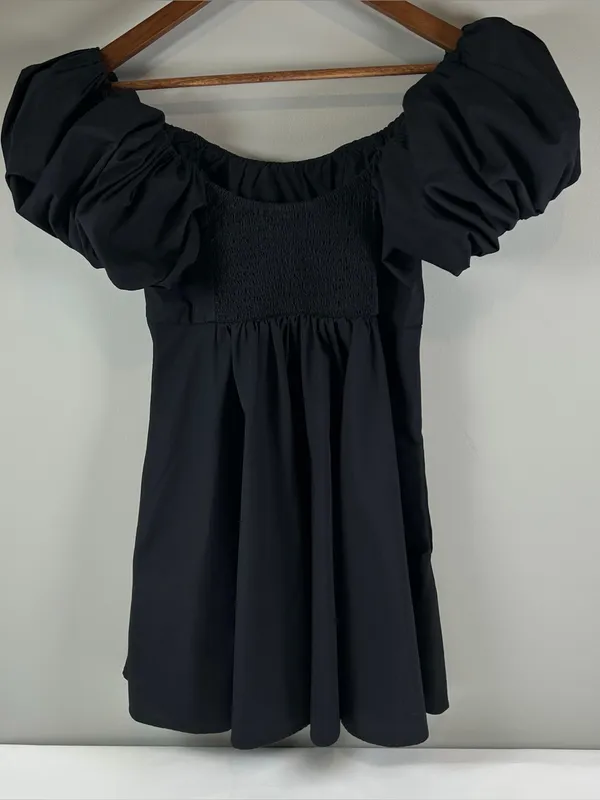 Abercrombie & Fitch Black Ruched Puff Sleeve Mini Dress Women's Size Medium - Image 2