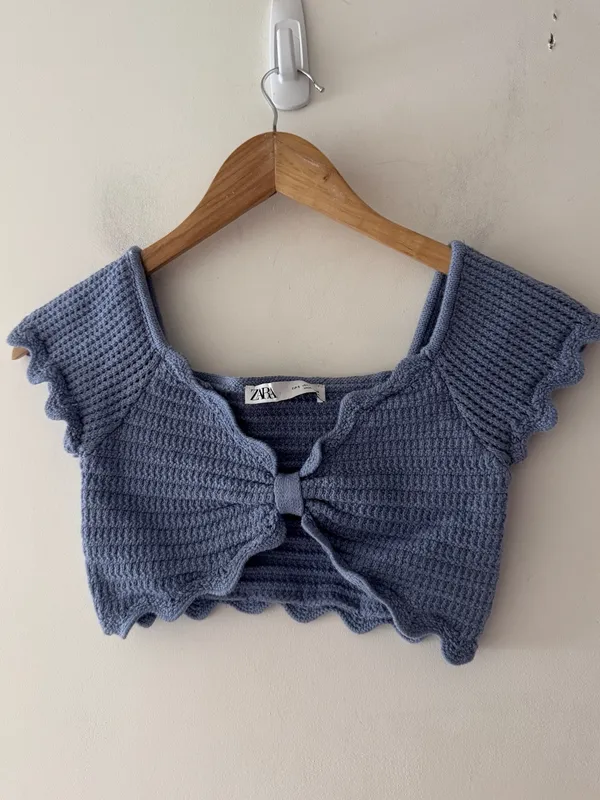 Zara Blue Scalloped Crochet Knit Bow Crop Top - Image 2