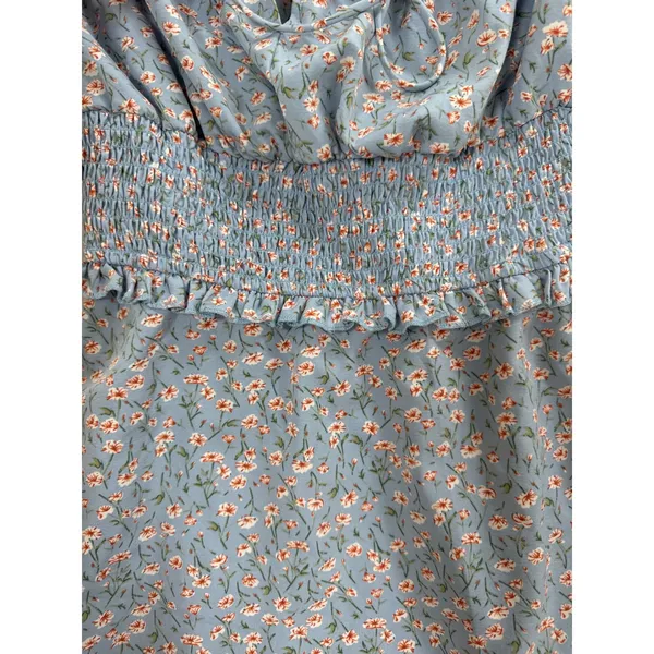 Light Blue Floral Smocked Mini Dress Ruffle Sleeve Women Small H2F367‎ - Image 5