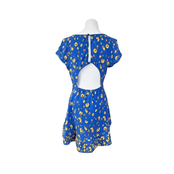 Free People Blue Peasant Faux Wrap Dress 8 Blue Floral Cap‎ Sleeves Keyhole - Image 4
