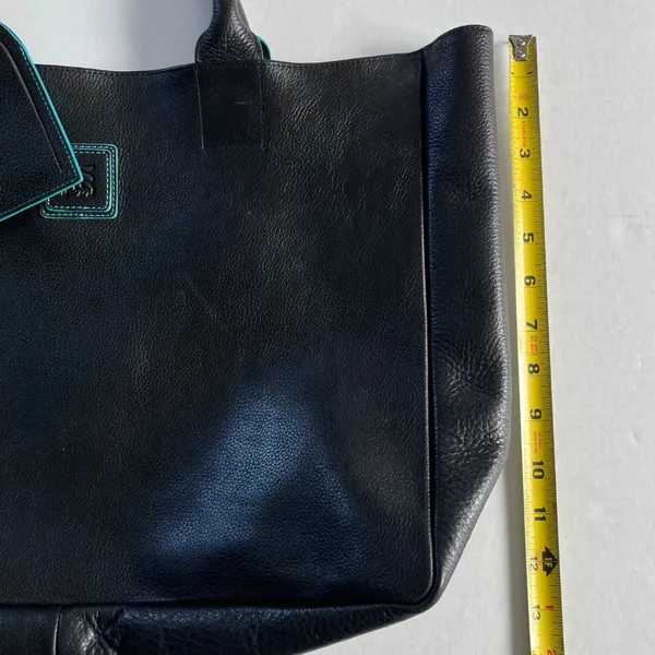 Black Deertan Cowhide Leather Tote Bag Teal Trim Classic‎ Minimalist Purse - Image 9