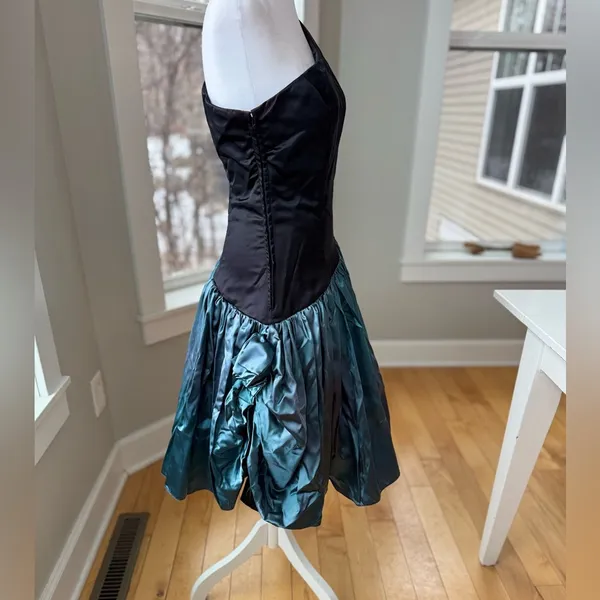 Vintage 80’s Black Teal Satin One Shoulder Prom Dress Sz Small - Image 2