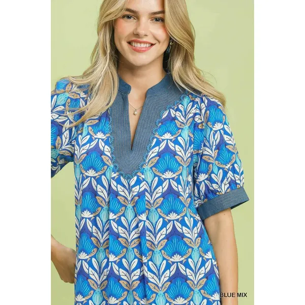 Umgee Mix Tile Print Mini Dress - Blue Mix - Medium - Image 4