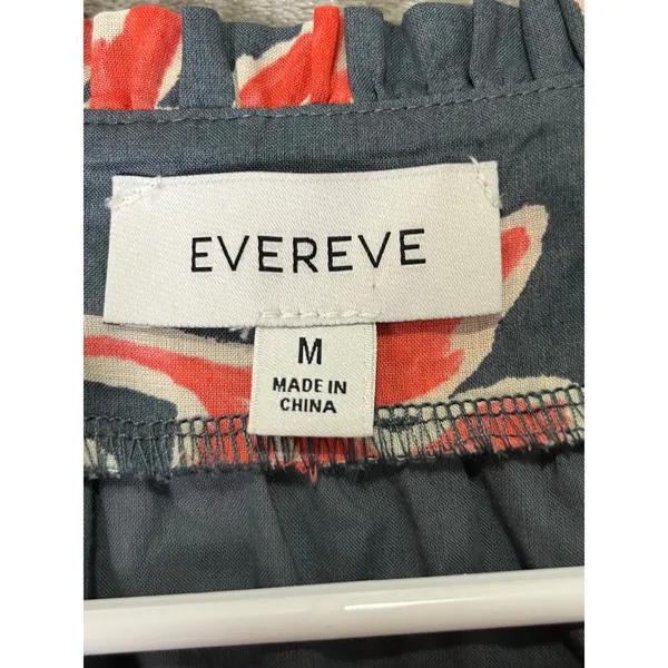 Evereve Navy Coral Floral 100% Cotton Puff Sleeve Belted Tiered Mini Dress M - Image 5