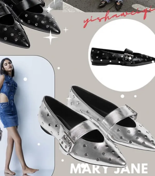Silver Studded Mary Jane Flats Size 6 - Image 3