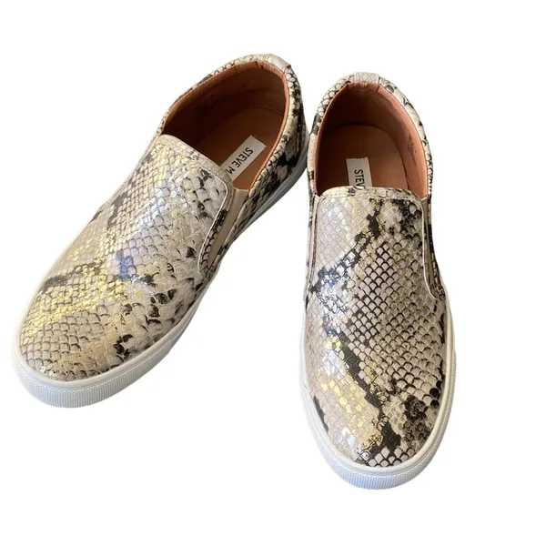 💎 STEVE MADDEN Sneaker Womens Sz 8 Snakeskin Metallic Gold Slip On Animal Print - Image 2
