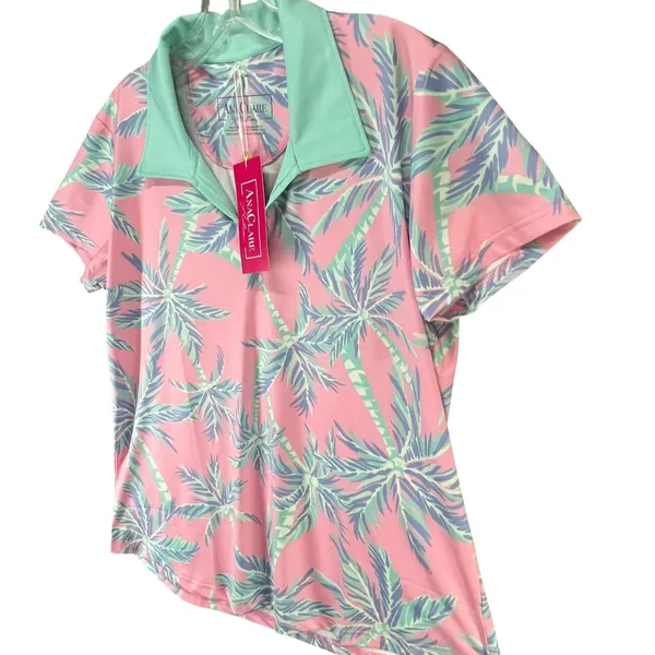 Ana Clare Active Mer Top Pink Paradise Palm Print UPF 50 Golf Polo Shirt‎ Size L - Image 3