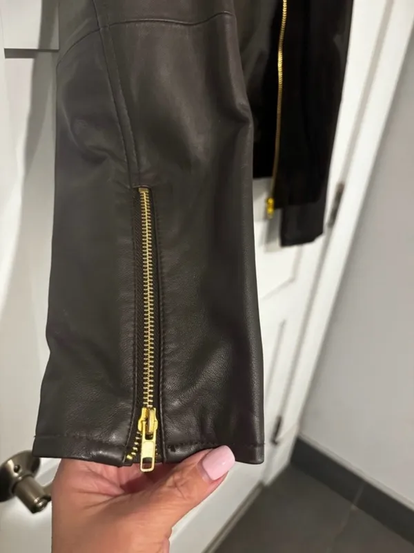 MNG Mango Mixed Media‎ Leather & Suede Bomber Jacket Deep Chocolate Brown/Gold M - Image 2