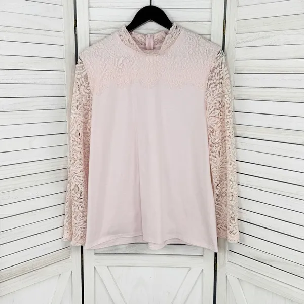 Bedford Fair Lace Sleeve Mock Neck‎ Shirt Pink Large Tee Coquette Victorian Soft - Image 8