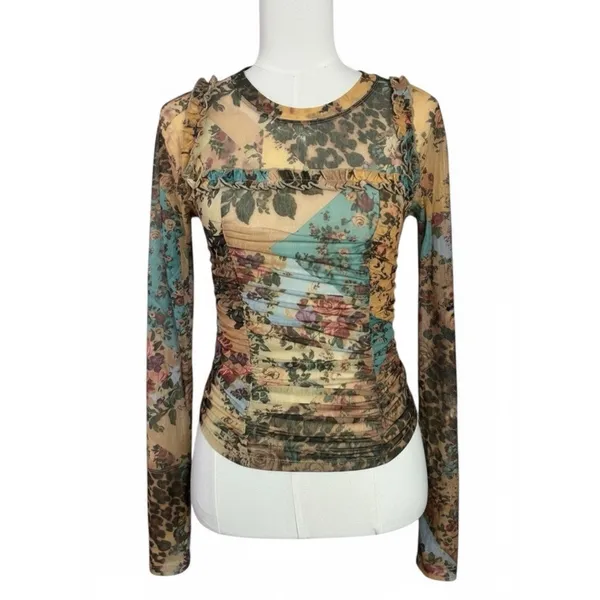 Free People Dainty Retro 90s Ariana Long Sleeve Ruched Top Taupe Combo Medium - Image 5