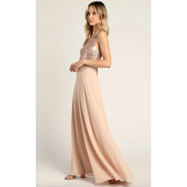 Lulus Endlessly Enchanted Champagne Pink Sequin Maxi Dress Formal Small NWT - Image 2
