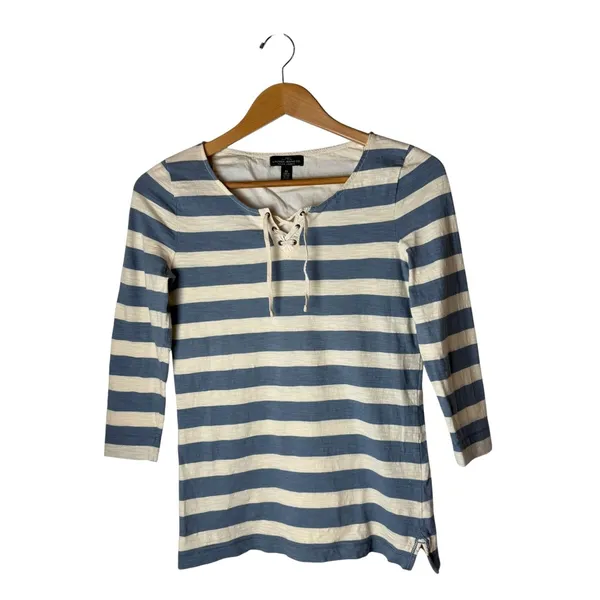 Lauren Ralph Lauren Top Women XS Blue White Lace Up Striped Knit Preppy Coastal - Image 2