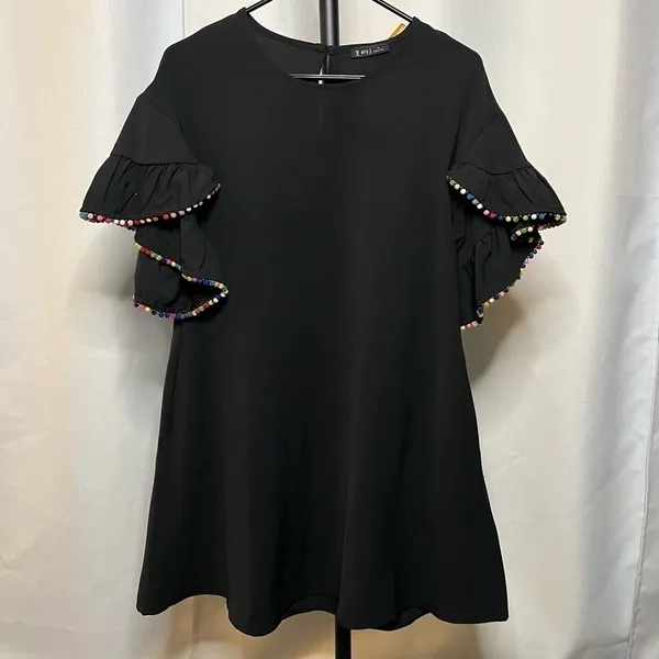 Very J Black Shift Dress with Rainbow Pom Pom Ruffle Sleeves Small - Image 11