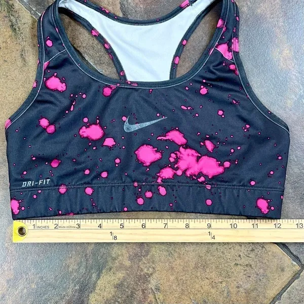 Nike Dri-FIT Black Neon Pink Splatter Racerback Sports Bra Swoosh - Image 5