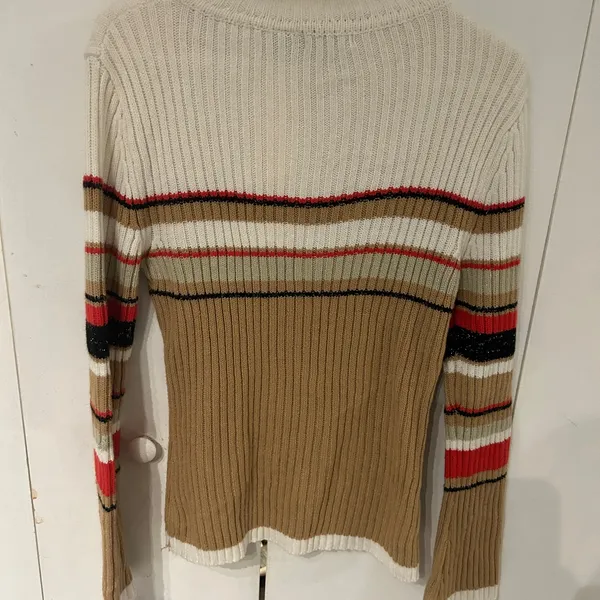 Elegant Striped Turtleneck Sweater - Cream, Tan, Red - Image 5