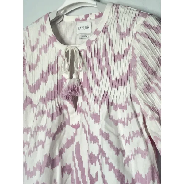Saylor Lavender White Ikat Pintucked Tie Front Top Size Small - Image 4
