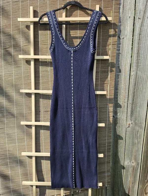 House of Harlow Knit Navy Blue Sleeveless Midi Dress with Contrast Stitching M - Image 9