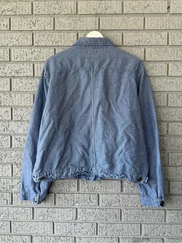 Flax Chambray Denim Jacket Blue Linen Cotton Blend Size Large - Image 3