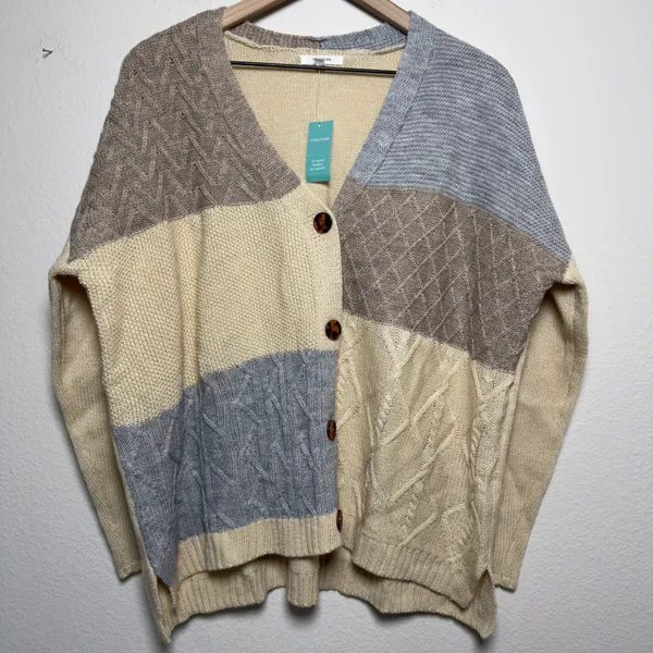 NEW Maurices Women Patchwork Cable Knit Cardigan Medium Cream Blue Tan Button Up - Image 2