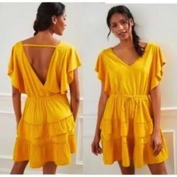 Daily Practice Anthropologie Yellow Boho Ruffle Layered Mini Dress Size XXSP - Image 2